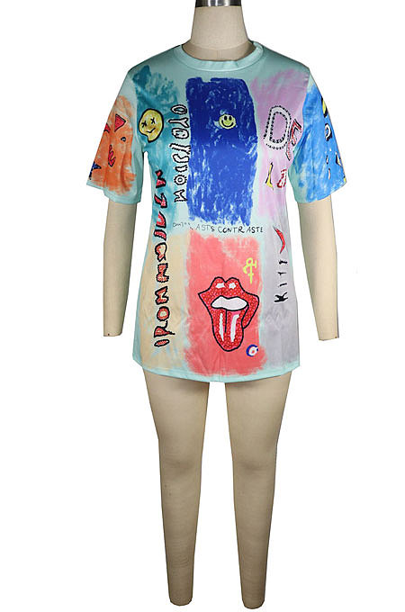 Light Blue Women Short Sleeve Round Neck Positioning Printing T Shirts QQM4302-1