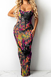 Blue Women Tie Dye Demin Pattern Random Printing Condole Belt Backless Long Dress QQM4309-1