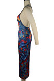 Black Women Tie Dye Demin Pattern Random Printing Condole Belt Backless Long Dress QQM4309-2