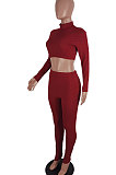 Wine Red Women Soft Ribber Sexy Pure Color Tight Dew Waist Pants Sets BLE2171-3