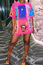 Rose Red Women Short Sleeve Round Neck Positioning Printing T Shirts QQM4302-2