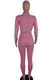 Pink Women Soft Ribber Sexy Pure Color Tight Dew Waist Pants Sets BLE2171-2