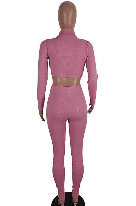 Pink Women Soft Ribber Sexy Pure Color Tight Dew Waist Pants Sets BLE2171-2