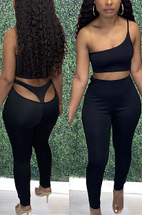 Black Cotton Blend Pure Color Back Hollow Out Low Waist Bodycon Pants DN8627-1