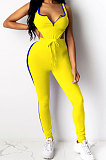 Purple Women Sleeveless Bodysuit Zipper Tank Pants Sets QQM4300-2