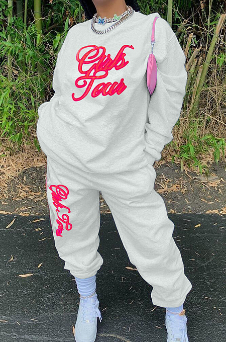 Yellow Cotton Blend Letter Printing Long Sleeve Round Neck Fleece Long Pants With Pocket Sports Sets HXY8038-2