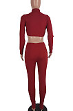 Wine Red Women Soft Ribber Sexy Pure Color Tight Dew Waist Pants Sets BLE2171-3