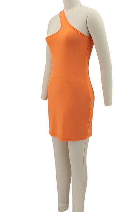 Orange Women Solid Color Irregular Sexy Tight High Elastic Off Shoulder Mini Dress KZ2126-1