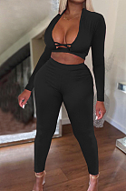 Black Wholesal Long Sleeve Low-Cut Cross Hollow Out Bodycon Pants Solid Color Two-Piece NRS8078-5