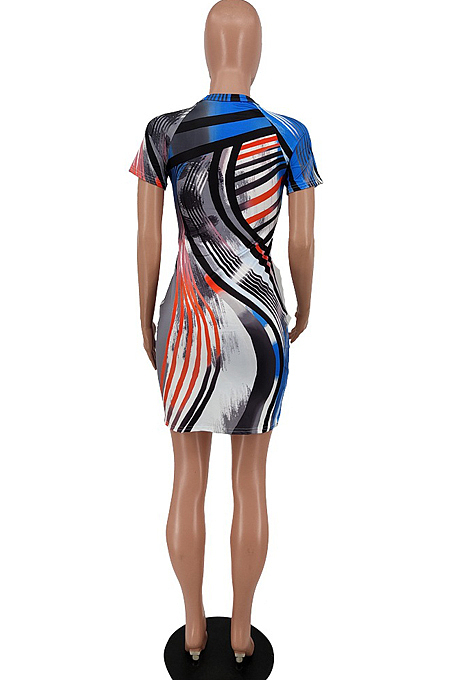 Blue Fashion Positioning Colorful Stripe Printing Short Sleeve Round Neck Tight Mini Dress HXY8063-2