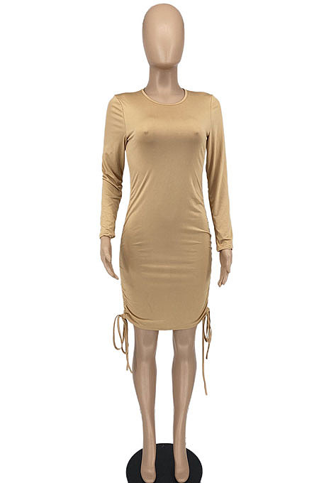 Black Women Round Neck Long Sleeve Solid Color Shirred Detail Bodycon Mini Dress ATE65008-2