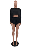 Blue New Wholesal Long Sleeve Round Collar Crop Batwing Top Shorts Casual Sets HXY8066-6