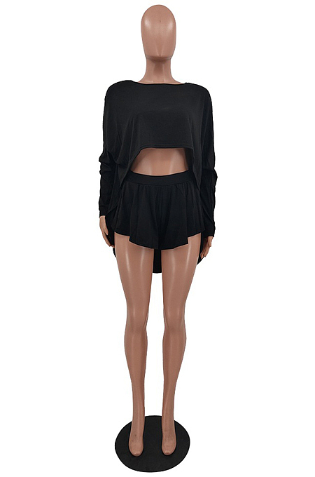 Gray New Wholesal Long Sleeve Round Collar Crop Batwing Top Shorts Casual Sets HXY8066-3