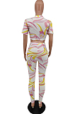 White Summer Printing Short Sleeve Round Collar Crop Top Bodycon Pants Two-Piece HXY8062