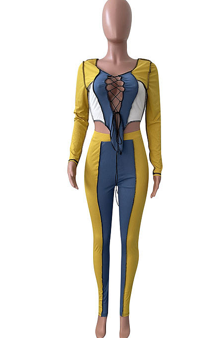Orange Purple Euramerican Women Bandage Ribber Spliced Hollow Out Long Sleeve Long Pants Sets NK262-3