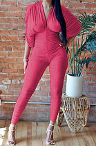 Red Women Ribber Sexy Drawsting Ruffle Pure Color Bodycon Jumpsuits ATE65007-2