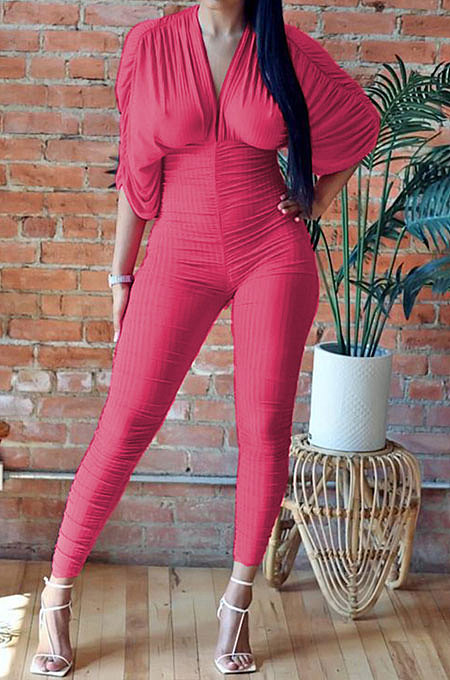 Red Women Ribber Sexy Drawsting Ruffle Pure Color Bodycon Jumpsuits ATE65007-2