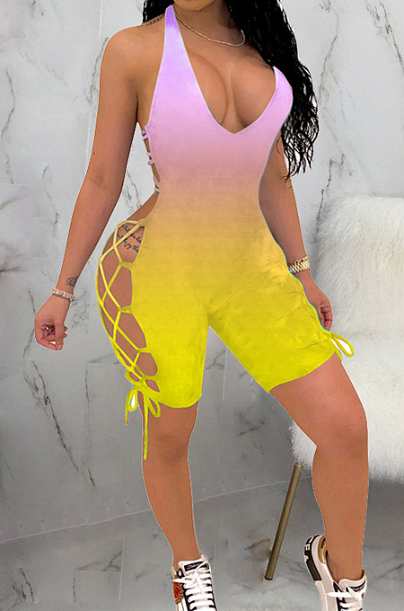 Blue Sexy Gradient Halter Neck Backless Bandage Slim Fitting Romper Shorts JH159-2