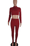 Wine Red Women Soft Ribber Sexy Pure Color Tight Dew Waist Pants Sets BLE2171-3