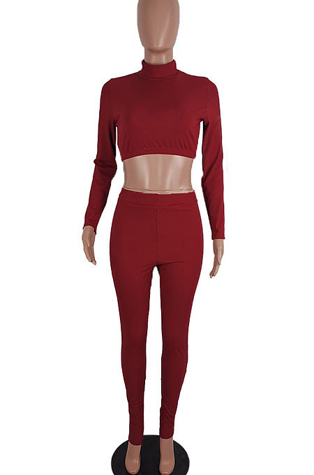 Wine Red Women Soft Ribber Sexy Pure Color Tight Dew Waist Pants Sets BLE2171-3