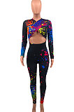 Black Women Trendy Personality Starry Sky Multicolor Splash-Ink Printing Sexy Tight Crop Bodycon Jumpsuits PY0834-2
