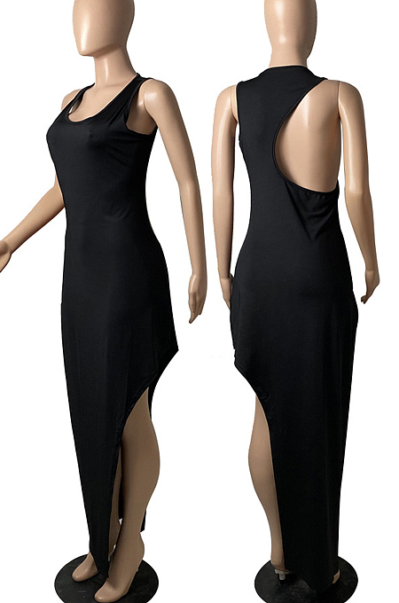White Fashion Women Sleeveless Round Collar Hollow Out Slim Fitting Slit Solid Color Tank Long Dress YFS10008-2