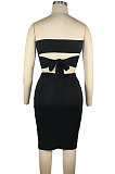 Dark Gray Women Cotton Pure Color Strapless Bowknot Backless Skirts Variety Style Two-Pieces QQM4301-3