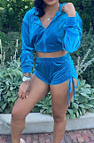 Pink Autumn And Winter Velvet Long Sleeve Zipper Hoodie Dew Waist Shorts Sports Sets DN8518-1