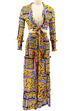 Yellow Chiffon Printing Long Sleeve Bandage Irregular Loose Pants Casual Two-Pieces  KZ2125-1