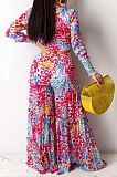 Light Blue Chiffon Printing Long Sleeve Bandage Irregular Loose Pants Casual Two-Pieces  KZ2125-3