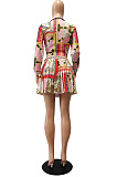 Cyan Print Lapel Neck Button Long Sleeve Shirt Mid Waist Pleated Skirts Sets CM2149-7