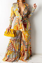 Yellow Chiffon Printing Long Sleeve Bandage Irregular Loose Pants Casual Two-Pieces  KZ2125-1