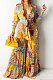 Yellow Chiffon Printing Long Sleeve Bandage Irregular Loose Pants Casual Two-Pieces  KZ2125-1