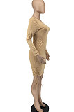 Lemon Yellow Women Round Neck Long Sleeve Solid Color Shirred Detail Bodycon Mini Dress ATE65008-3