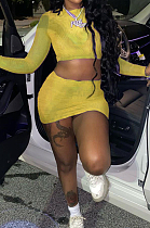 Yellow Sexy Mesh See-Through Long Sleeve Round Neck Crop Top Hip Skirts Pure Color Two-Piece LMM8273-3