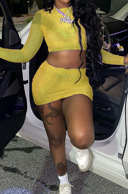 Yellow Sexy Mesh See-Through Long Sleeve Round Neck Crop Top Hip Skirts Pure Color Two-Piece LMM8273-3