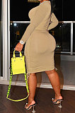 Black Women Round Neck Long Sleeve Solid Color Shirred Detail Bodycon Mini Dress ATE65008-2
