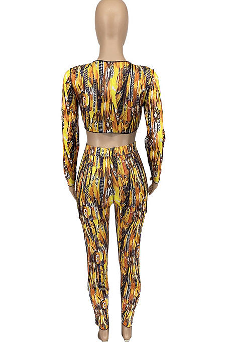 Orange Women Deep V Neck Sexy Long Sleeve Bandage Multicolor Printing Tight Pants Sets ATE65006