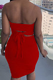 Red Women Cotton Pure Color Strapless Bowknot Backless Skirts Variety Style Two-Pieces QQM4301-2