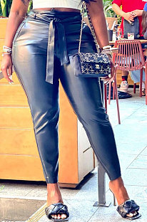 Black Pure Color Autumn Winter Pocket Back Zipper Long pants BLE2512