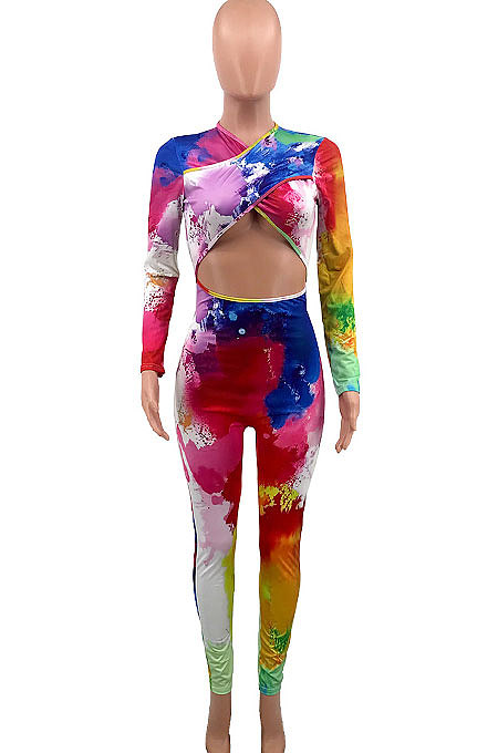 White Women Trendy Personality Starry Sky Multicolor Splash-Ink Printing Sexy Tight Crop Bodycon Jumpsuits PY0834-1