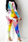 Black Women Trendy Personality Starry Sky Multicolor Splash-Ink Printing Sexy Tight Crop Bodycon Jumpsuits PY0834-2