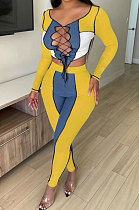 Yellow Blue Euramerican Women Bandage Ribber Spliced Hollow Out Long Sleeve Long Pants Sets NK262-1