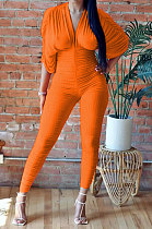 Orange Women Ribber Sexy Drawsting Ruffle Pure Color Bodycon Jumpsuits ATE65007-1