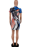 Gray Fashion Positioning Colorful Stripe Printing Short Sleeve Round Neck Tight Mini Dress HXY8063-1