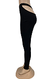 Black Cotton Blend Pure Color Back Hollow Out Low Waist Bodycon Pants DN8627-1