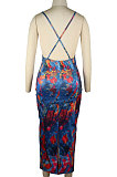 Black Women Tie Dye Demin Pattern Random Printing Condole Belt Backless Long Dress QQM4309-2