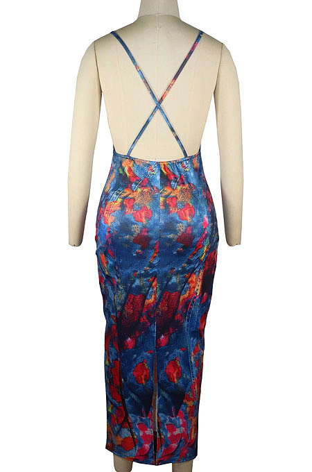 Black Women Tie Dye Demin Pattern Random Printing Condole Belt Backless Long Dress QQM4309-2