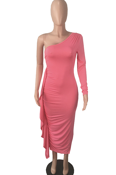 Green Autumn And Winter One Shoulder Long Sleeve Ruffle Laces Sexy Long Dress QY5082-2