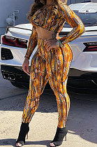 Orange Women Deep V Neck Sexy Long Sleeve Bandage Multicolor Printing Tight Pants Sets ATE65006